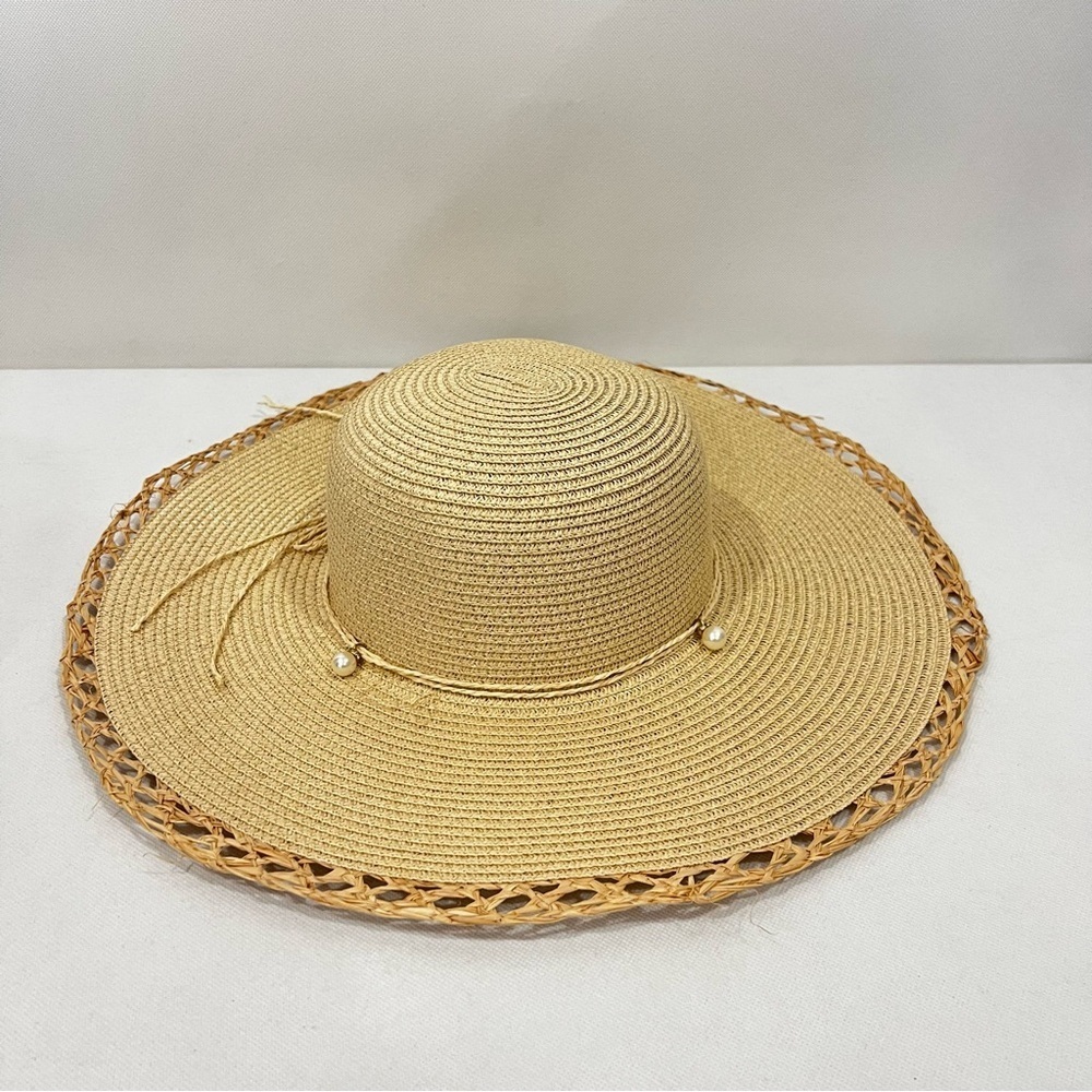 Sun Hat Faux Pearls Details Around Packable Tan Light Brown - Picture 3 of 9